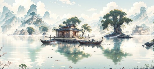 Chinese water color paint of the boat on the lake.