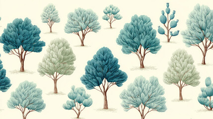 Blue and green trees pattern with artistic style and soft colors