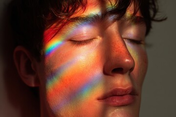 closed eyes, calm expression, pride-colored light around face