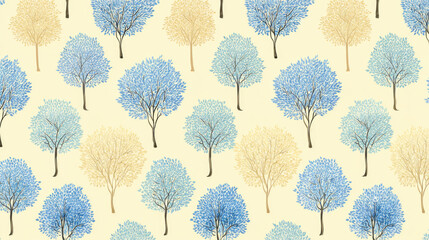 Blue and beige tree pattern with delicate branches light background