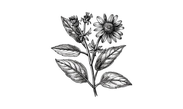 Vintage Compass Plant Engraving, Silphium Laciniatum Inflorescence and Leaf, Native Prairie Wildflower, Ecological Illustration, Botanical Drawing, Vector Illustration.