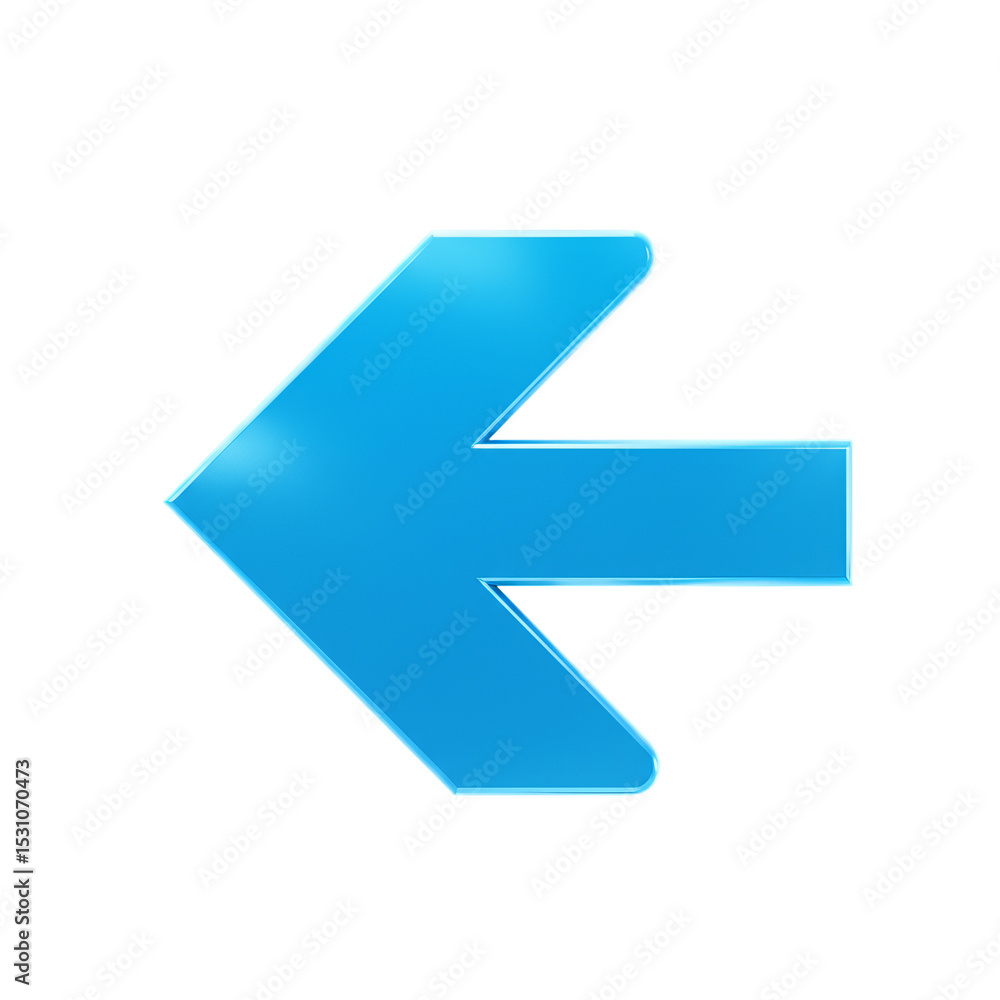 Poster blue arrow points to the left with light reflections on its surface against a plain isolated backgro