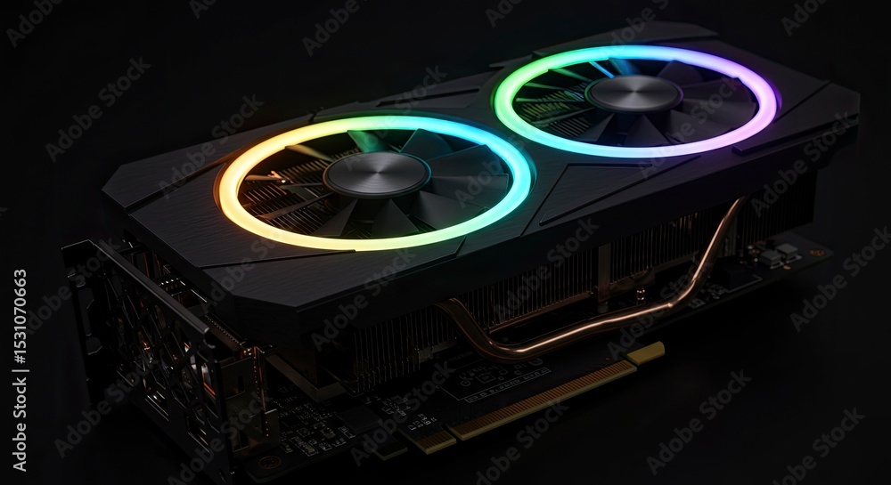 Poster high performance graphics card with dual fans and colorful illumination on black background