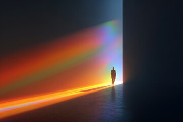 person walking from shadow into rainbow light, symbolic transformation