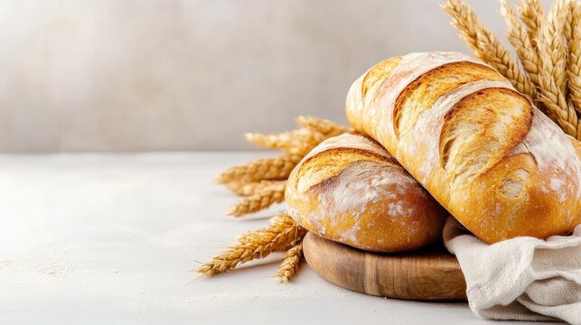 Two loaves of artisan bread are beautifully arranged with wheat stalks, highlighting the craftsmanship and passion behind baking and the joy of fresh food.