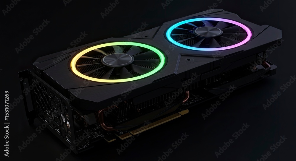 Fototapete High Performance Graphics Card with Dual Fans and RGB Illumination on Dark Background