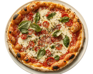 Pepperoni pizza with basil, mozzarella cheese and tomato sauce