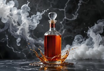 Studio shot of baijiu bottle with glass stopper, standing on black marble with splash of alcohol in slow motion, luxury product style.