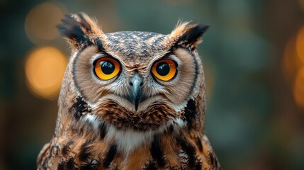 Fototapeta premium A detailed image capturing the majesty of an owl, showcasing its striking yellow eyes and intricate feather patterns, perfect for wildlife and nature enthusiasts.