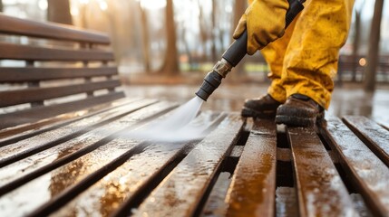 A person power washing a wooden bench, effectively removing debris and dirt, emphasizing cleanliness, maintenance, and care for public spaces in a serene park environment.