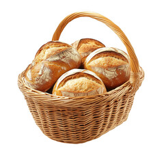 Four crusty bread rolls in wicker basket isolated on transparent background