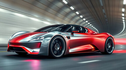 Sleek electric sports car speeding through modern tunnel at night