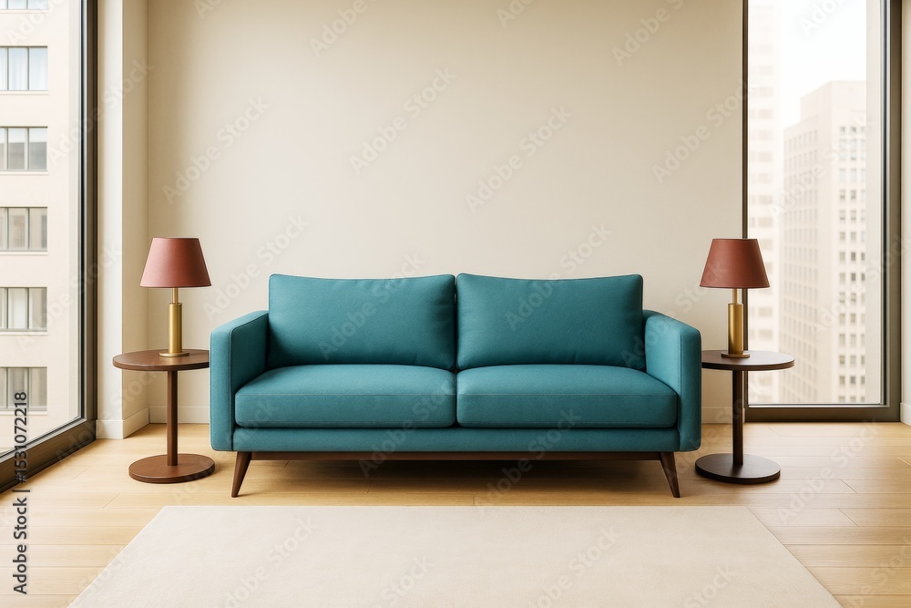 Poster modern interior with teal sofa and matching decor in bright empty room with large windows and contem