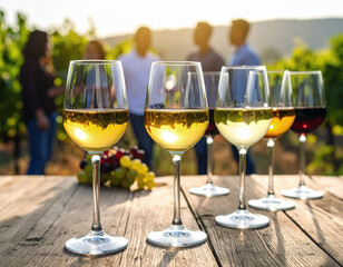 Selective focus on group of filled wine glasses in the foreground on wood rustic table. Blurred background with people talking and drinking wine in a vineyard in nature.