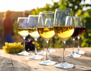 Generated imageSelective focus on group of filled wine glasses in the foreground on wood rustic table. Blurred background with people talking and drinking wine in a vineyard in nature.