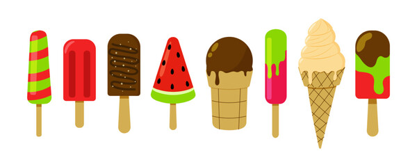 Colorful and delicious variety of ice cream and popsicles displayed on a white background