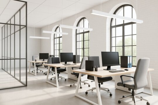 Modern open-plan office interior with minimalist furniture and large arched windows in bright contemporary building design.
