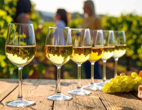 Selective focus on group of filled wine glasses in the foreground on wood rustic table. Blurred background with people talking and drinking wine in a vineyard in nature.
