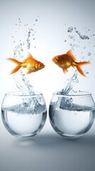 Two generic fish leaping from water-filled glass bowls with water splashing against a light blue background, capturing motion and reflection.