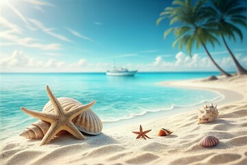 Serene Beach Scene Starfish, Shells, and Turquoise Waters
