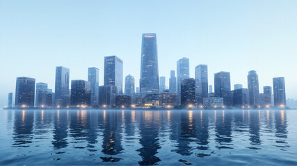 Fototapeta premium City skyline with skyscrapers reflected in calm water
