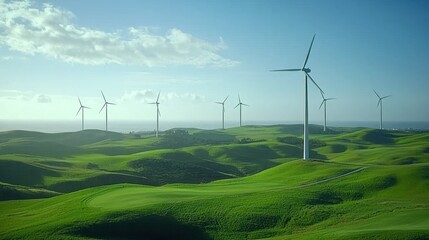 Sustainable energy landscape with wind turbines on rolling hills
