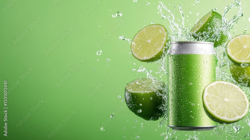 Poster a dynamic image of a green soda can surrounded by splashing lime slices, capturing the essence of re