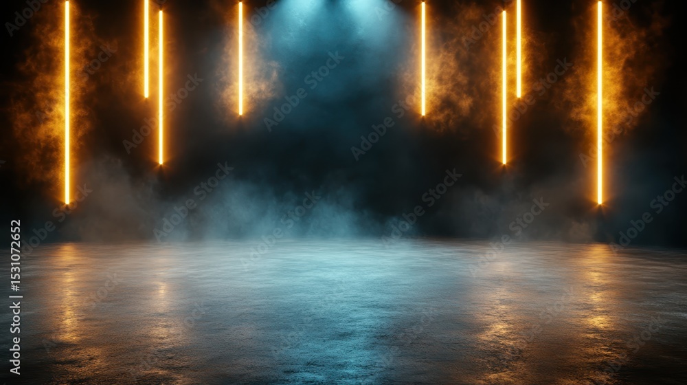 Poster a minimalistic view of an elegant empty stage illuminated by dramatic lighting and surrounded by fog