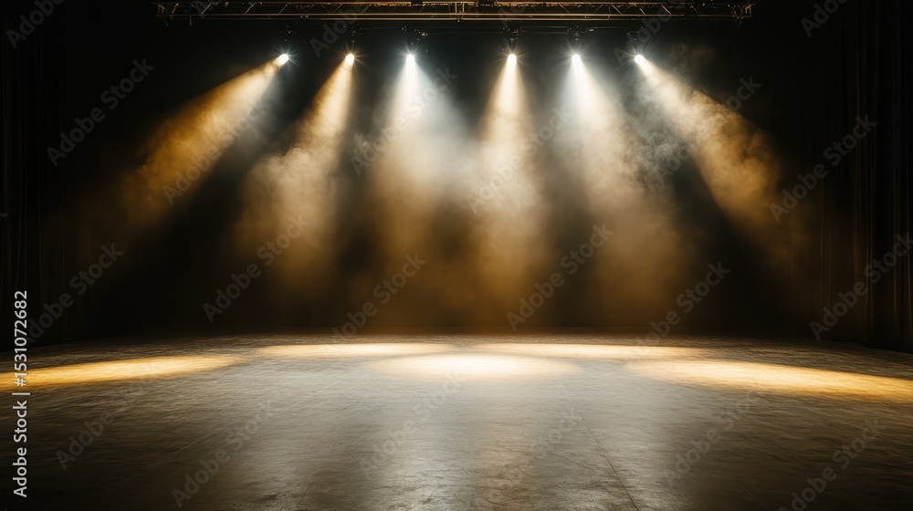 Poster a captivating view of a dimly lit stage with dramatic spotlights and atmospheric smoke, setting an e