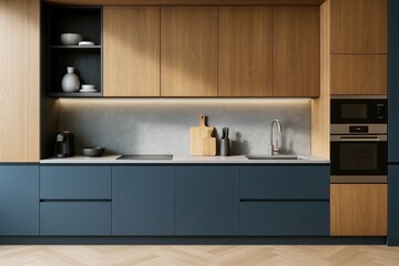 Minimalist modern kitchen interior with wood and navy cabinets, built-in appliances, and soft under-cabinet lighting in a contemporary home decor style.