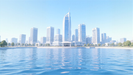 Naklejka premium City skyline with skyscrapers water and trees in foreground