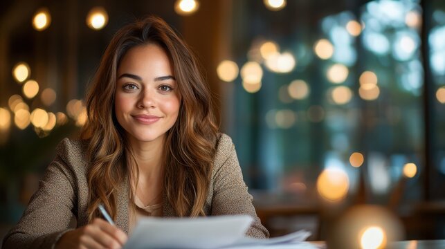 A charming young woman at a cozy cafe, smiling while jotting down notes with warm ambient lights in the background, embodying creativity and warmth in a welcoming environment.