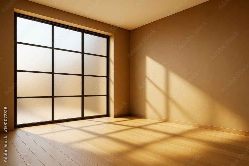 Aufkleber empty modern room with large frosted window and warm sunlight casting shadows across wooden floor in