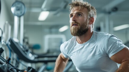 Fototapeta premium An intense fitness scene showcasing a determined man working hard in the gym, capturing the essence of dedication and physical strength during a workout session.