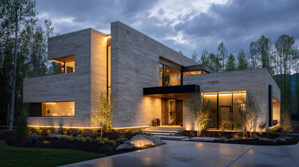 Obraz premium Modern home with geometric design glowing warmly at dusk, showcasing minimalist elegance and comfort.