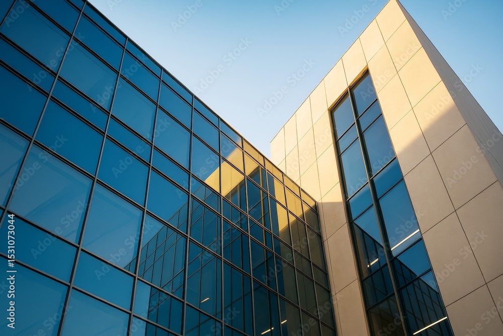Poster modern glass and concrete building architecture with sunlight reflections and blue sky background em
