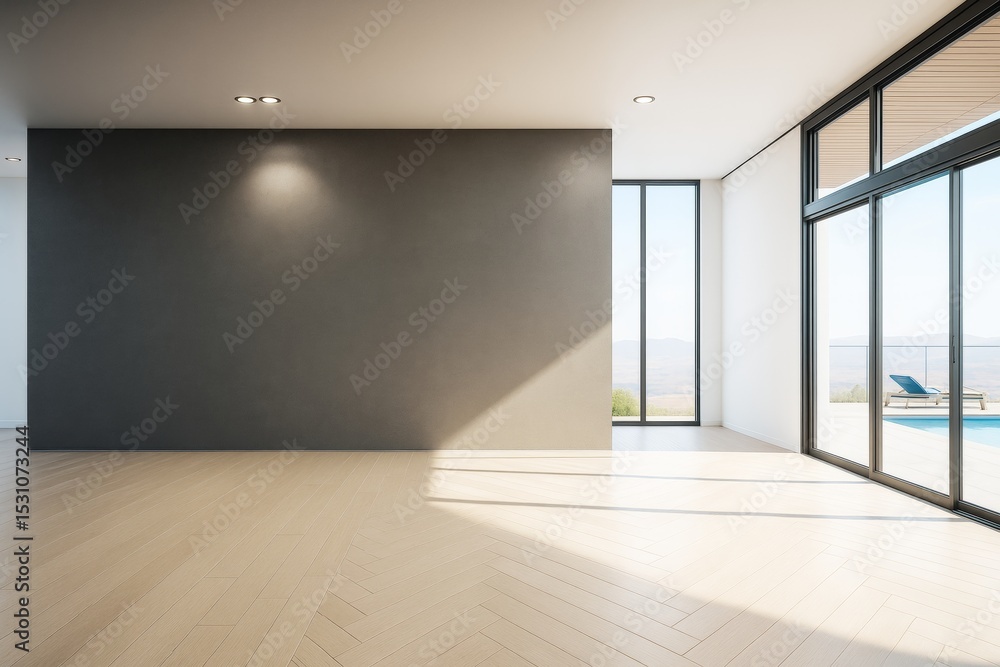 Poster contemporary empty room with dark accent wall and large glass windows overlooking poolside deck in b