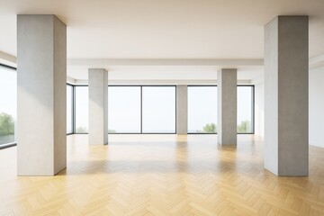 Fototapeta premium Modern empty interior room with large concrete columns, wooden herringbone floor, and wide glass windows in contemporary architectural space.