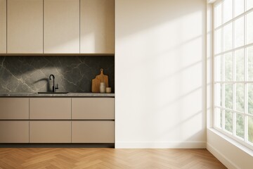 Fototapeta premium Minimalist modern kitchen interior with blank white wall and large window casting natural light and shadows on clean wooden floor.