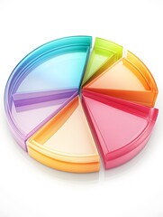 Obraz premium A vibrant segmented pie chart showcasing data visualization. Each section is a different color with a glossy glass-like appearance. Set against a clean white background.