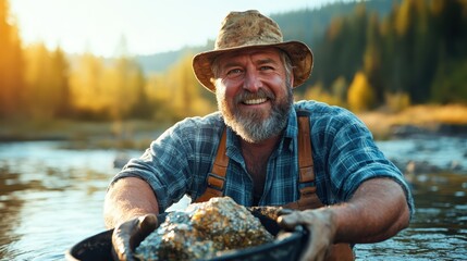 A smiling prospector gleefully holds a collection of rocks and minerals in a shimmering river landscape, conveying a sense of adventure and connection to nature.