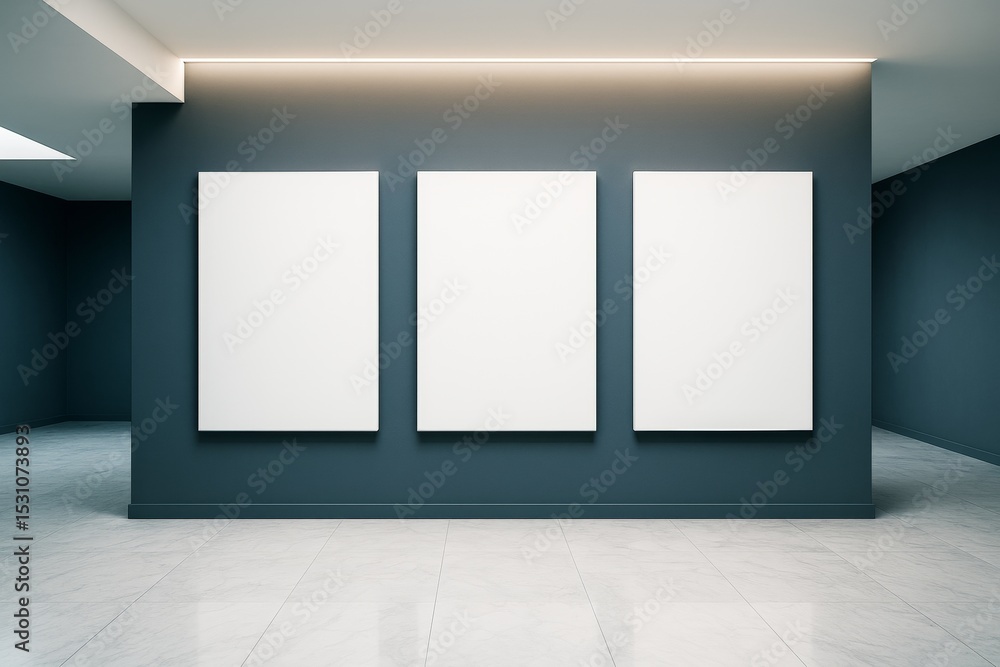 Poster three blank vertical poster frames on dark wall in modern exhibition gallery room with marble floor 
