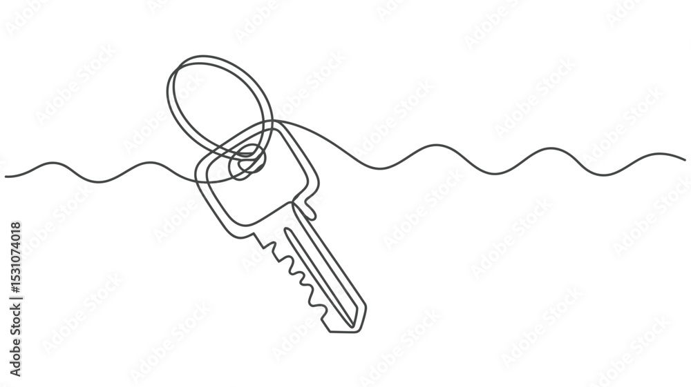 Poster continuous line drawing of a key with wavy line above