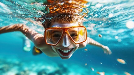 Naklejka premium A spirited child wearing swimming goggles joyfully swims underwater, embodying happiness and the exuberance of childhood in a mesmerizing, vibrant aquatic environment.