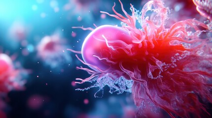 A mesmerizing representation of abstract cells reveals the intricate beauty within microscopic life, showcasing the complexity and vibrancy of biological organisms in vivid colors.