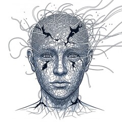 Fototapeta premium A conceptual illustration of mental breakdown or anxiety, with a human head made of tangled nerves unraveling from a crack 