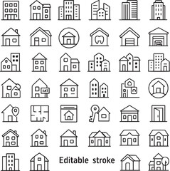 Set of 50 line icons related to apartment, flat, home, architecture, property, building, residential, Editable stroke. Vector illustration