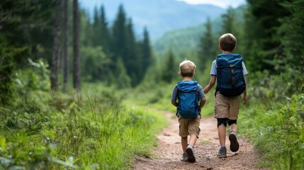A captivating scene of two children walking together on a forest trail, showcasing the beauty of nature and the joy of exploration in the great outdoors.