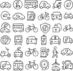 Set of 50 line icons related to eco transport, vehicle, sustainability, bus, car, bike, train, ecology, friendly, charge, green, transportation, Editable stroke. Vector illustration