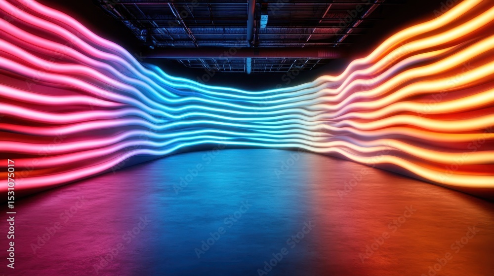 Poster a stunning display of swirling neon lights in bright colors, creating an abstract wave pattern that 